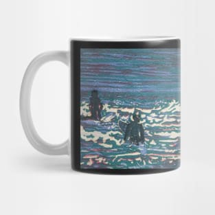 "Surfers" from a 6 colour original reduction linocut by Geoff Hargraves Mug